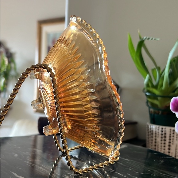 Vintage Jeannette Glass Anniversary Iridescent Footed Marigold Carnival Bowl - Picture 5 of 12